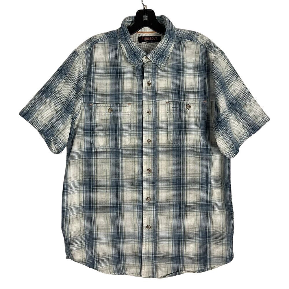 Ridgecut Toughwear Men's Button-Up Shirt Blue M Short Sleeve Plaid‎ Pockets